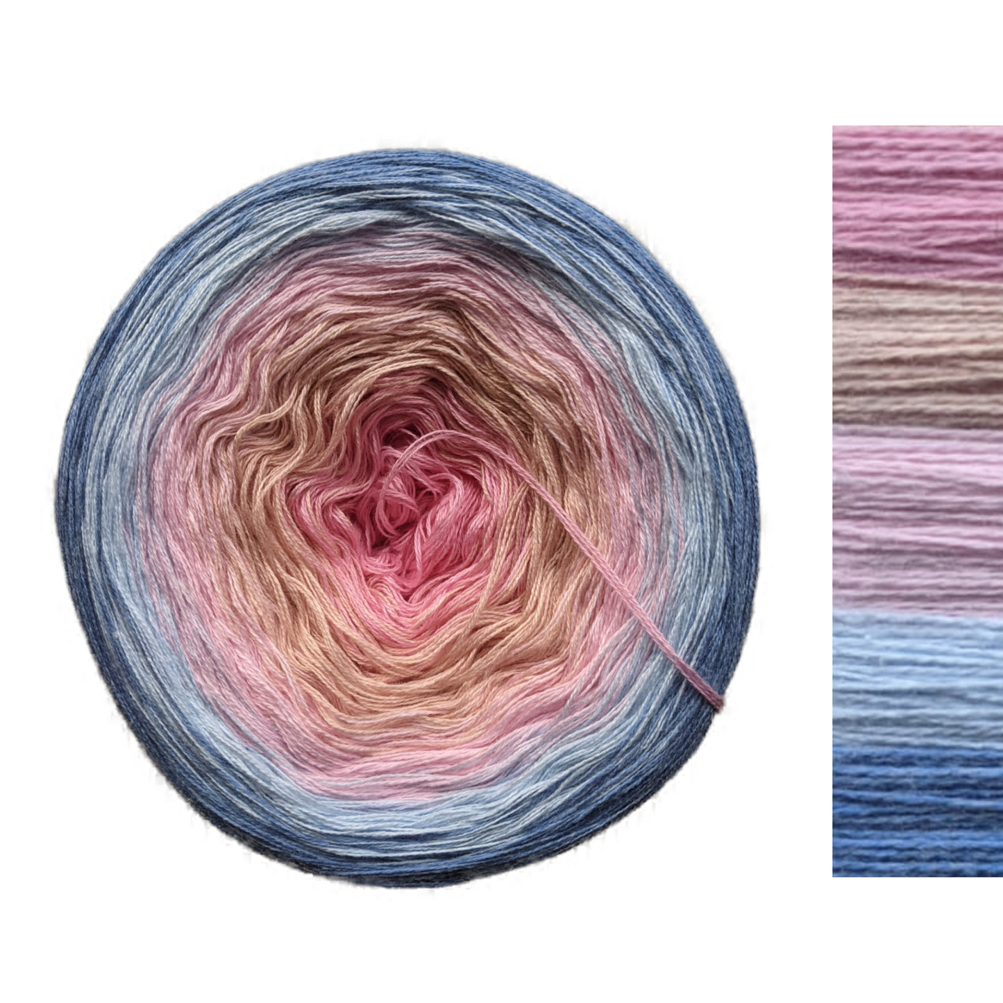 Round yarn cake with a colour transition. Colours slowly transition from Pink to Peach and then Baby Blue and Blue. Once knitted creates a slow gradient effect.