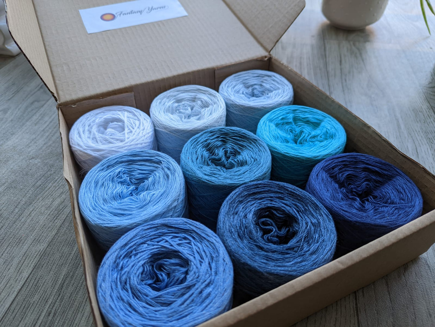 Blue Yarn Box - Cotton/Acrylic - 9x 500m Yarn Cakes (100g) - Colourful Yarn Box Perfect for Granny Square and Other Projects