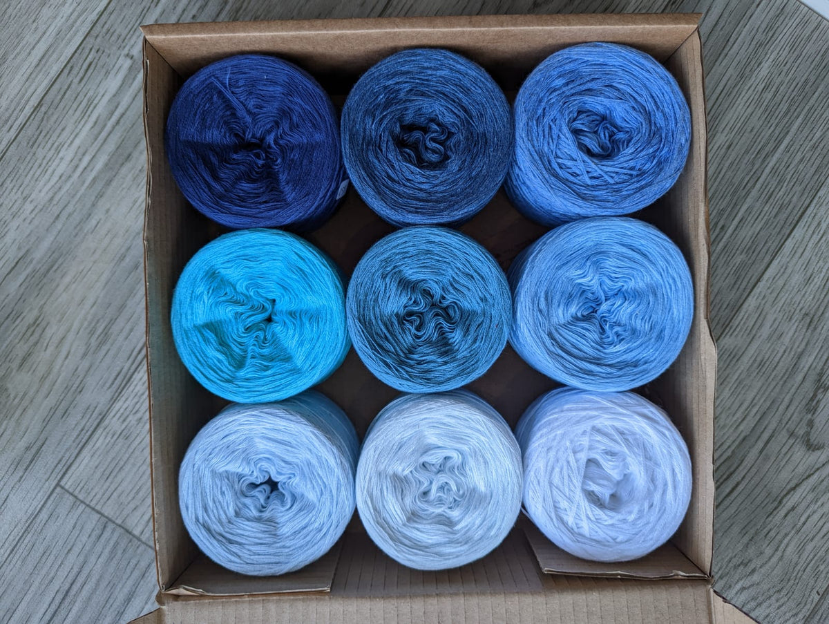 Boxed Yarn Blue Yarn Box - Cotton/Acrylic - 9x 500m Yarn Cakes (100g) - Colourful ...