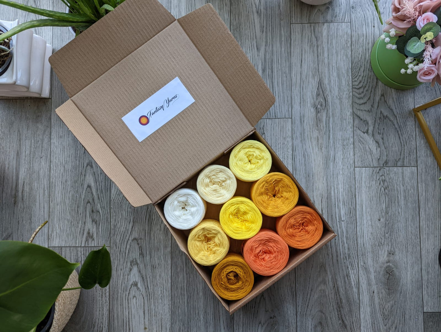 Yellows Yarn Box - Cotton/Acrylic - 9x 500m Yarn Cakes (100g) - Colourful Yarn Box Perfect for Granny Square and Other Projects