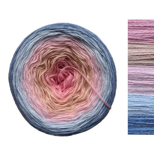 Round yarn cake with a colour transition. Colours slowly transition from Pink to Peach and then Baby Blue and Blue. Once knitted creates a slow gradient effect. 